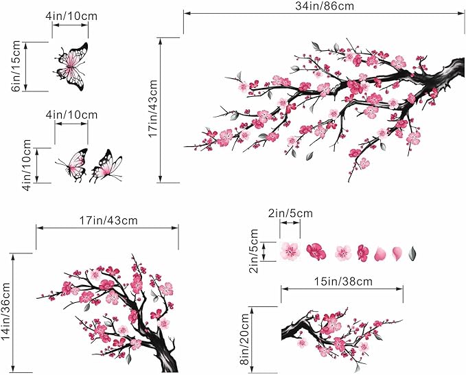 Pink Watercolor Cherry Blossom Flower Wall Stickers - Tree Branch Birds Floral Cherry Blossom Wall Decals - Living Room Bedroom TV Sofa Background Family Wall Decor