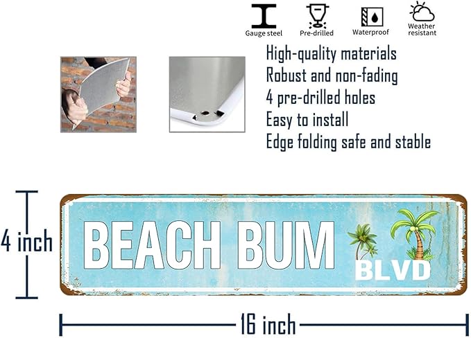 Beach Wall Art Coastal Room Decor Vintage Metal Tin Sign Beachy Home Decorations Beach Bum Blvd Signs Beach Metal Poster Retro Bathroom Themed Decor 4x16 Inch