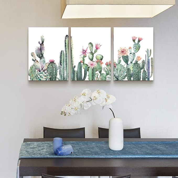 Canvas Wall Art For Living Room Bathroom Wall Decor For Bedroom Kitchen Artwork Canvas Prints Green Succulent Cactus Painting 16" X 24" 3 Pieces Modern Framed Office Home Decorations Family Picture