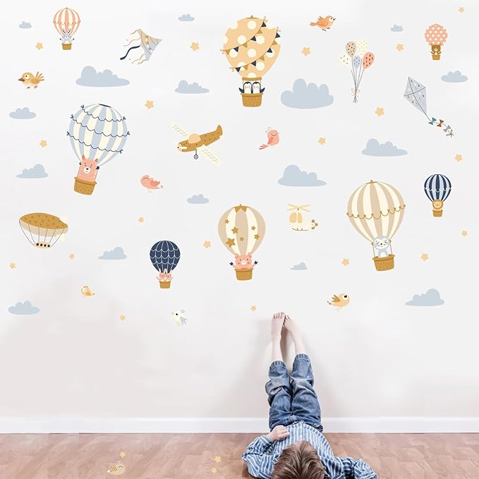 HLNIUC Large Hot Air Balloon Wall Sticker 35”x24”Baby Animal Peel And Stick Wall Art Decal Star Moon Cloud Balloons Window Cling Cartoon Airplane and Hot Air Balloon Room Sticker for Nursery Kids Room