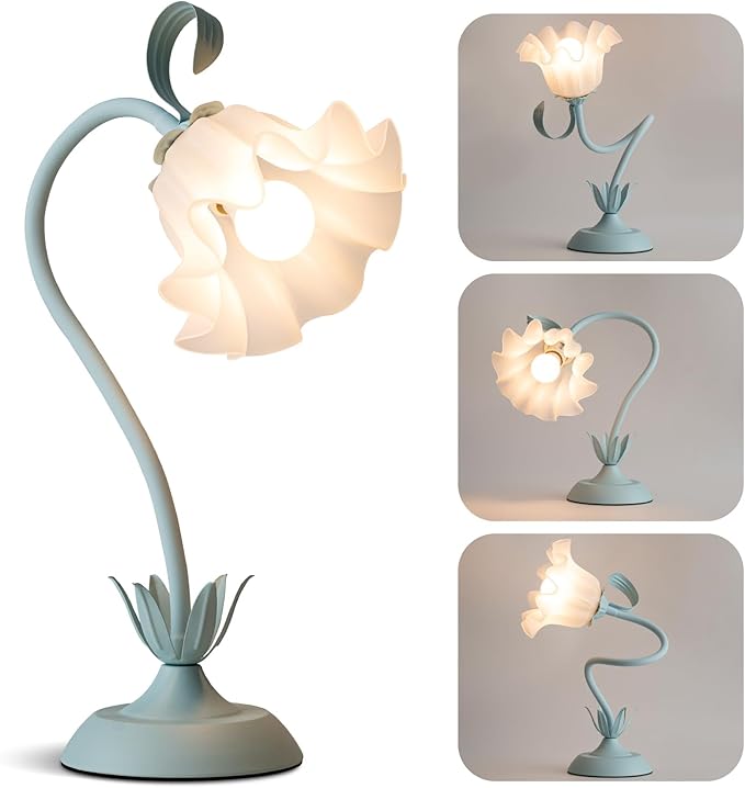 Flower Table Lamp, LED Reading Light Vintage Bedside Table Lamp with 3 Color Modes for Nightstand, Kawaii Decoration for Home Bedroom Living Room (Blue)