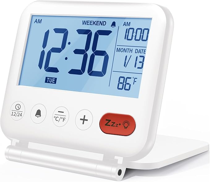 NOKLEAD Digital Travel Alarm Clock - 3.23 inch LCD Display, Temperature, 9-Minute Snooze, 10s Backlight, Battery Included (White)
