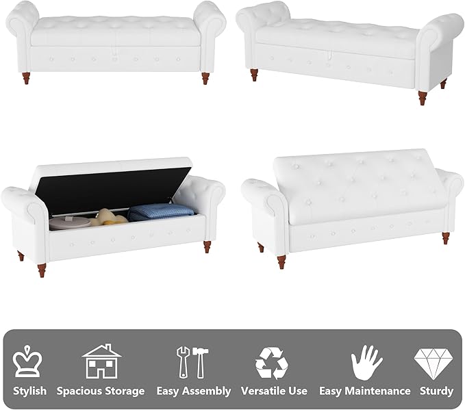 Aoowow Rolled Arm Storage Benches for Bedroom End of Bed Ottoman Bench 63" Long Bench with Storage and Seating for Living Room,Entryway,Window,Button Tufted with Solid Wood Legs (Linen Off White)