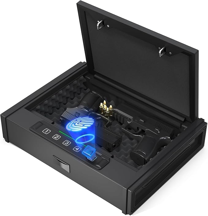 HARDROCK Gun Safe for Pistols, Biometric Wall Mounted Handgun Safe Box for Desk, Bedside,Truck，Drop Down Quick Access Security Safe with Fingerprint Keypad Lock for Home nightstand