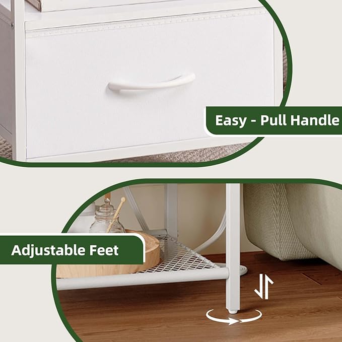 Somdot White Nightstand Set of 2 with Charging Station and LED Light for Bedroom, Bedside Table End Table for Dorm Guest Room Bedside Kids Laundry Closet Entryway Hallway, White Leather