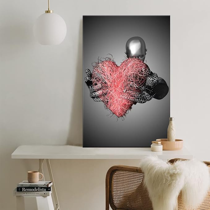 Framed Love Heart 3d Wall Art Romantic Couple Hug Abstract Art Prints Posters Decor Grey Black and White Canvas Prints Bedroom Bathroom Hotel Valentine'S Day Ready to hang 16x24InchX3