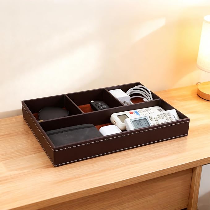 2 Pieces Faux Leather Valet Tray for Men, Stackable Jewelry Trays for Drawers, Mens Dresser Top Organizer for Key, Wallet, Sunglass, Watch, Coin, Phone, Nightstand Bedside Tray Brown