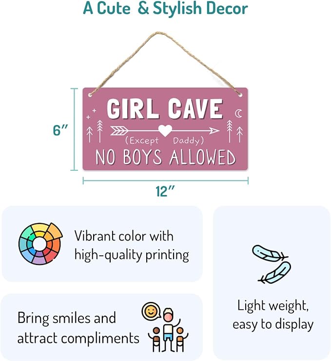 Girl Cave Sign for Girls Room, No Boys Allowed Door Sign, Cute Room Decor Sign for Bedroom Door, Funny Girls Only Sign for Kids Room, Teen Girl Wall Decor 12x6 Inch