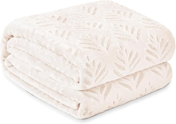 Exclusivo Mezcla Fleece Throw Blanket for Couch, Super Soft and Cozy Blankets All Season Use, Leaves Pattern, Plush Fuzzy Lightweight, Ivory, 50x60 Inch