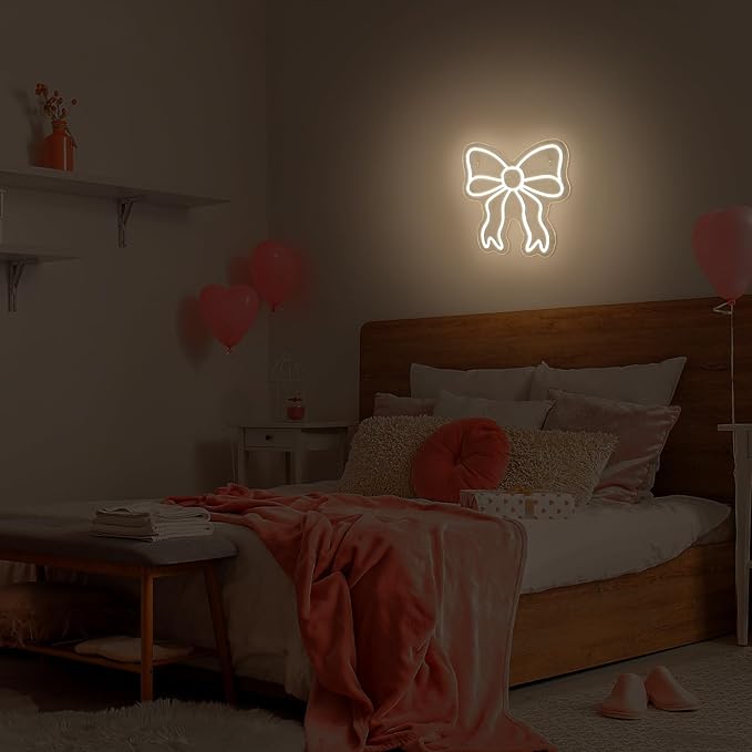 Retisee Bow LED Neon Sign Bedroom Women Room Neon Light Sign Coquette Aesthetic Home Wall Preppy Dorm Beauty Room Salon Decor Party Bar Decoration Gift for Her 11.8x11.8in (Warm White)