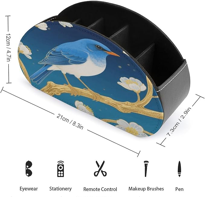 Blue Bird Flower Remote Control Holder Organizer Box with 5 Compartment PU Leather Bedside Storage Caddy Remote Organizer for Controller Media Player Pen/Pencil Storage