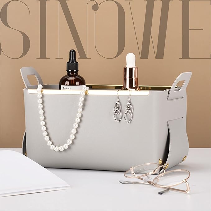 Decorative Faux Leather Basket,Small Catchall Basket for Entryway Bedside Dresser End table,Collapsible Rectangle Tray Organizer Box (Light Grey)