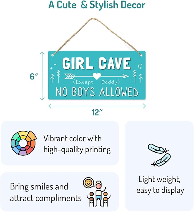 Girl Cave Sign, 12″x6″ PVC Plastic Wall Decoration Hanging Sign, High Precision Printing, Water Proof, Girls Only Room Decor, No Boys Allowed Except Daddy for Girls Bedroom