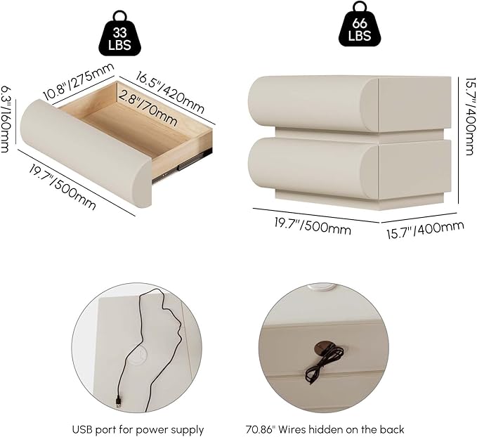 homary Smart Nightstands Set of 2 with Wireless Charging Station, USB & Type-C Ports, Faux Leather White Night Stands Modern Bedside Tables for Bedroom Storage, Fully Assembled