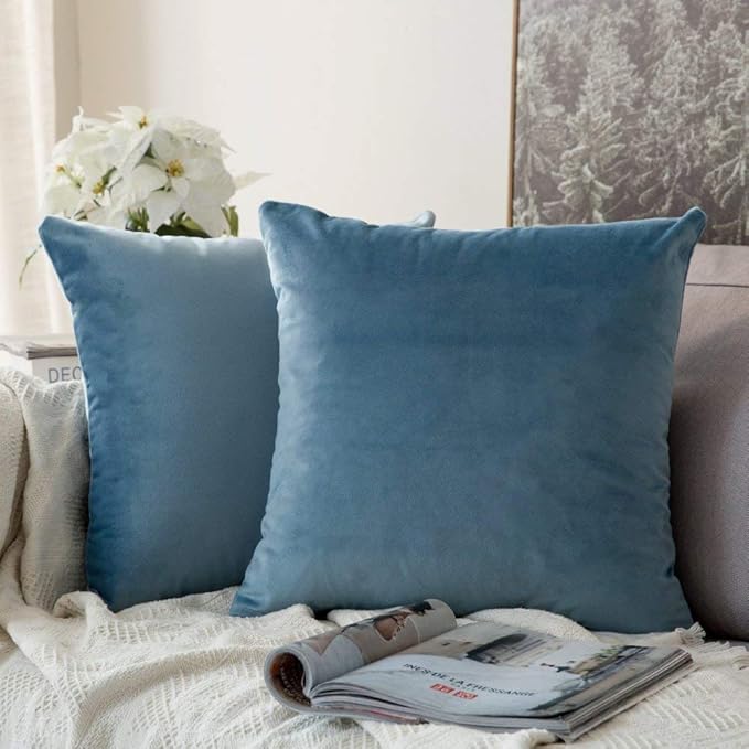 MIULEE Velvet Throw Pillow Covers 24x24 Inch Pack of 2,Soft Solid Euro Decorative Pillowcases Modern Luxury Home Decor for Bed Couch Sofa Bedroom Livingroom,Blue Gray