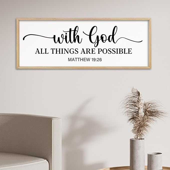 comurdyo With God All Things are Possible Wall Decor 40"X15" Matthew 19:26 Sign Bible Verse Large Wooden Framed Christian Scripture Prayer Wall Hanging Art (Wood)