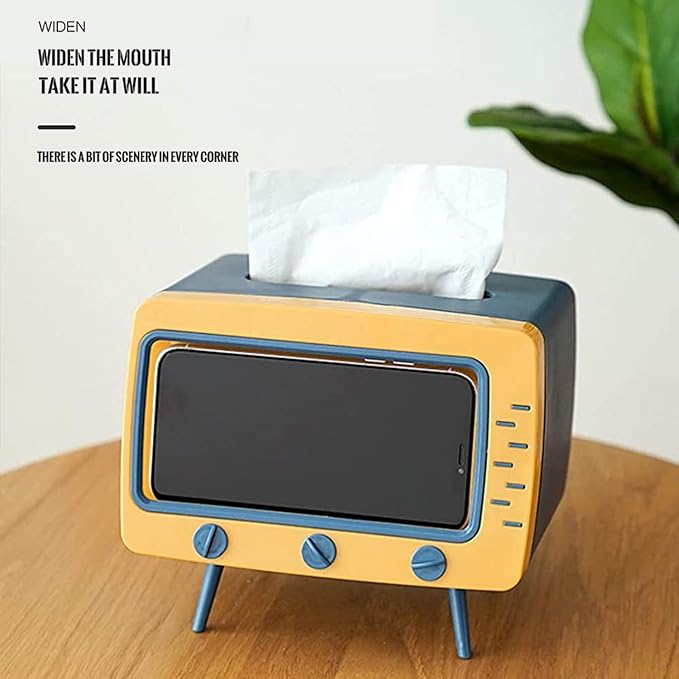 SGVAHY Tissue Box Holder Retro TV Tissue Box Cover Cute and Practical Cell Phone Holder Tampon Holder for Bathroom Kitchen Bedroom Dressers Desks and Tables Night Stands Creative Gift (TV Yellow)