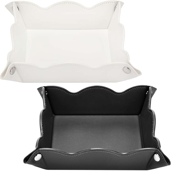 Valet Tray for Men Women 2 Pack - PU Leather Travel Catchall Tray Organizer - Desk Bedside Nightstand Storage Box for Jewelry Key Phone Remote Controller Wallet Readers -White and Black