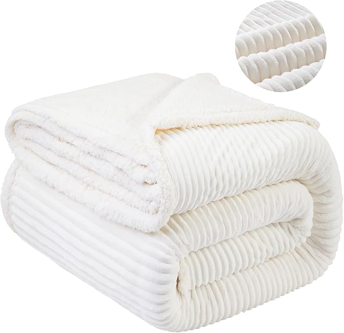 LBRO2M Striped Sherpa Fleece Bed Blanket King Size, Super Soft Fuzzy Plush Warm Cozy Fluffy Microfiber Couch Throw Velvet Double Reversible Luxurious Blankets (90x104),Ivory