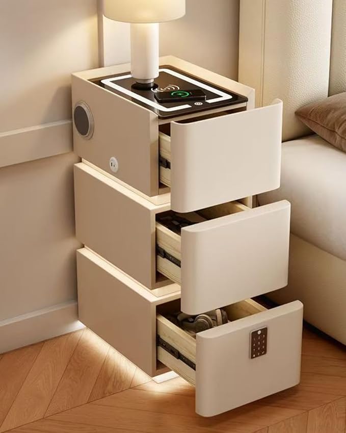Smart Narrow Nightstand with 3 Drawers 11.8" W x 15.7" D x 25.2" H, Charging Nightstand, Modern Leather Bedside Table, Password Lock, LED Sensor Light, USB Port (3 Drawers, Black)