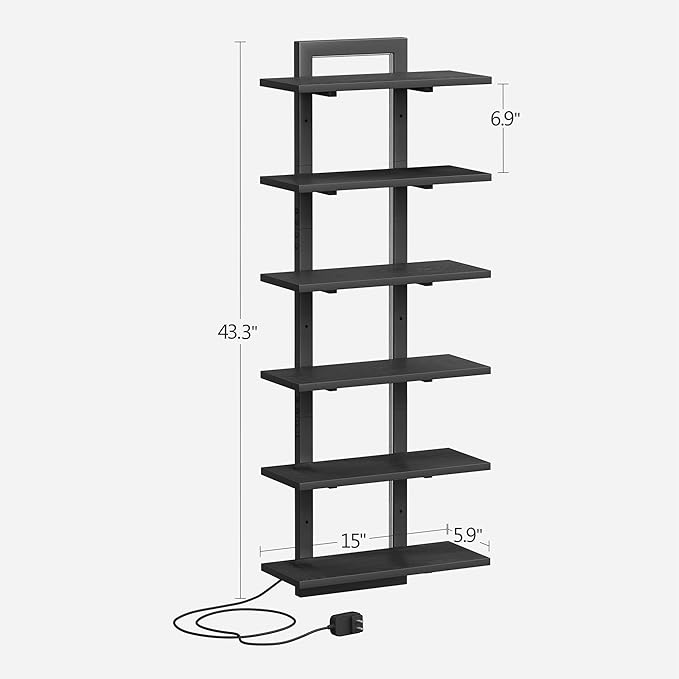 6 Tier Wall Shelf Unit with LED Light, Black Floating Shelf, Vertical Display Shelf, Wall Decor for Bedroom Living Room, Vanity, 15" W x 5.9" D x 43.3" H