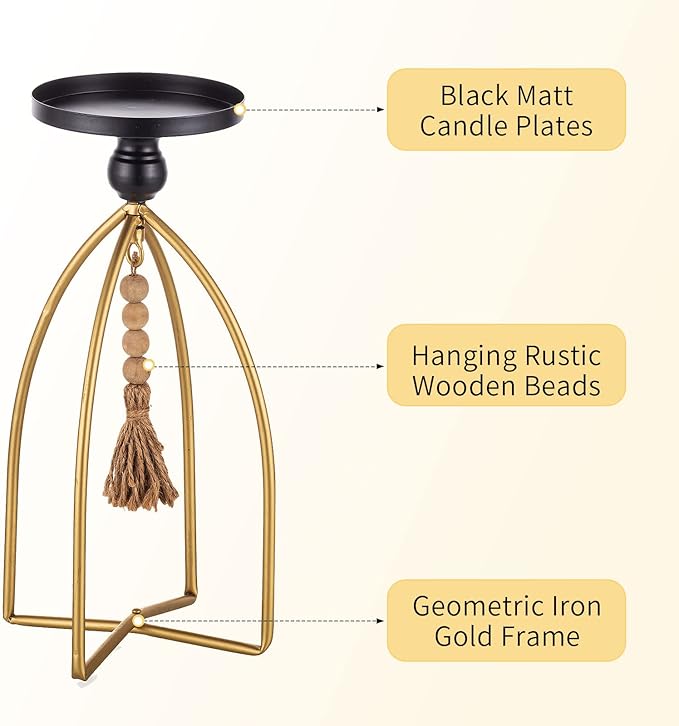 Romadedi Candle Holder Boho Decor - Set of 2 Metal Pillar Candle Stand with Beads for Living Room Mantle Shelf Farmhouse Table Centerpiece for Rustic Chic Home Decoration
