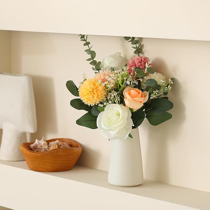 Fake Flowers in Ceramic Vase, Artificial Flowers Indoor with White Vase for Dining Table Décor, Faux Eucalyptus Flowers Arrangements for Bedroom Home Office Plants Floral Decor（Red Brown）