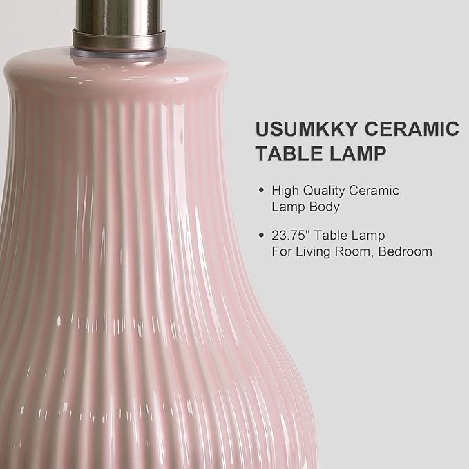 23.75inch Pink Modern Ceramic Bedside Lamp Set of 2 with 5FT Cord for Bedroom Decor Farmhouse Table Lamp for Living Room Office Dorm