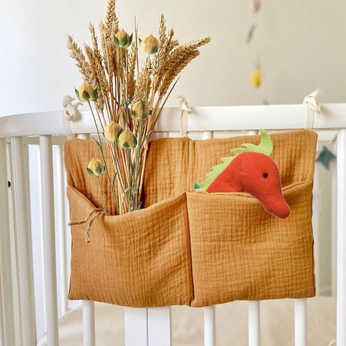 Linen Baby Bedside Hanging Storage Bag, 2 Pockets Organizer for Baby Cribs Diapers, Toys, Clothing, Milk Bottle