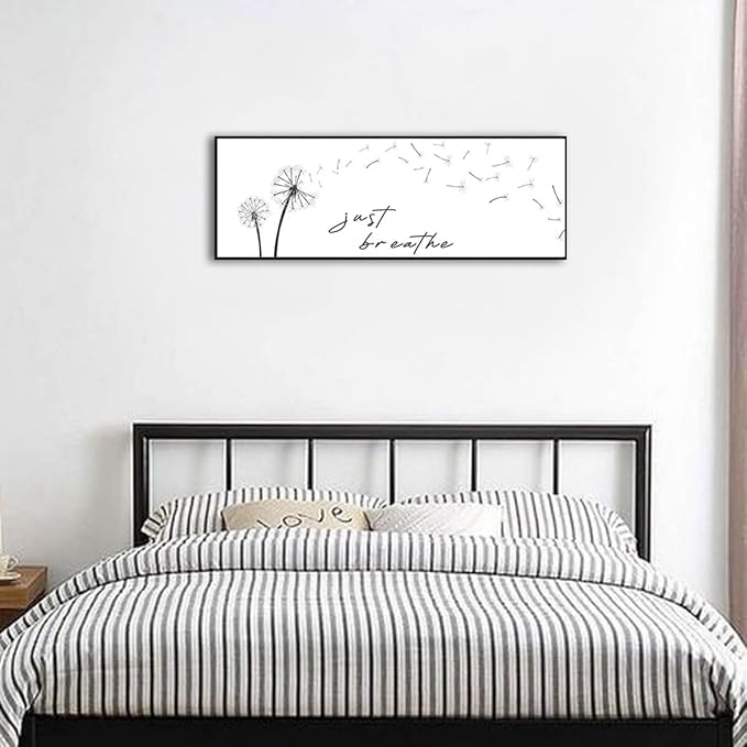 Just Breathe Wall Art - Black and White Pictures for Wall Decor Canvas Art Dandelion Minimalist Wall Art for Bedroom Decor for Women Aesthetic Inhale Exhale Wall Art (Black Wooden Frame) 43x15inch