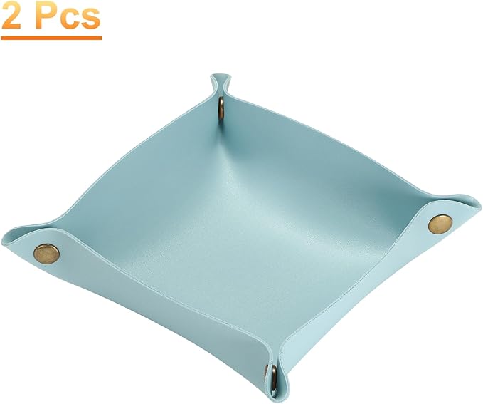 HARFINGTON 2pcs PU Leather Valet Tray Unisex Folding Small Catchall Tray Portable Entryway Table Tray Nightstand Bedside Desk Tray for Key Wallet Watch Coin Jewelry Dice, Light Blue