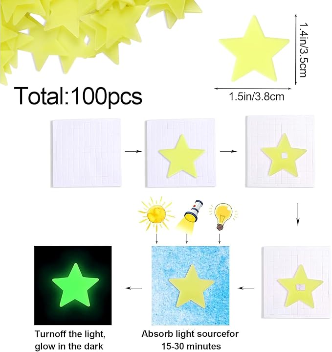 AM AMAONM 100pcs Glow in The Dark Luminous Stars Fluorescent Noctilucent Plastic Wall Stickers Murals Decals for Home Art Decor Nursery Ceiling Wall Decorate Kids Babys Bedroom Room Yellow