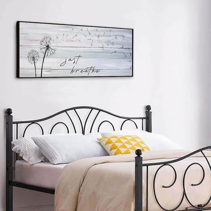 Modern Farmhouse Wall Decor - Just Breathe Dandelion Canvas Prints Wall Art Above Bed Wall Decor Bedroom Decor Wall Farmhouse Decor Vintage Decor Bedroom Bathroom Office(Black Wooden Frame) 46x19inch