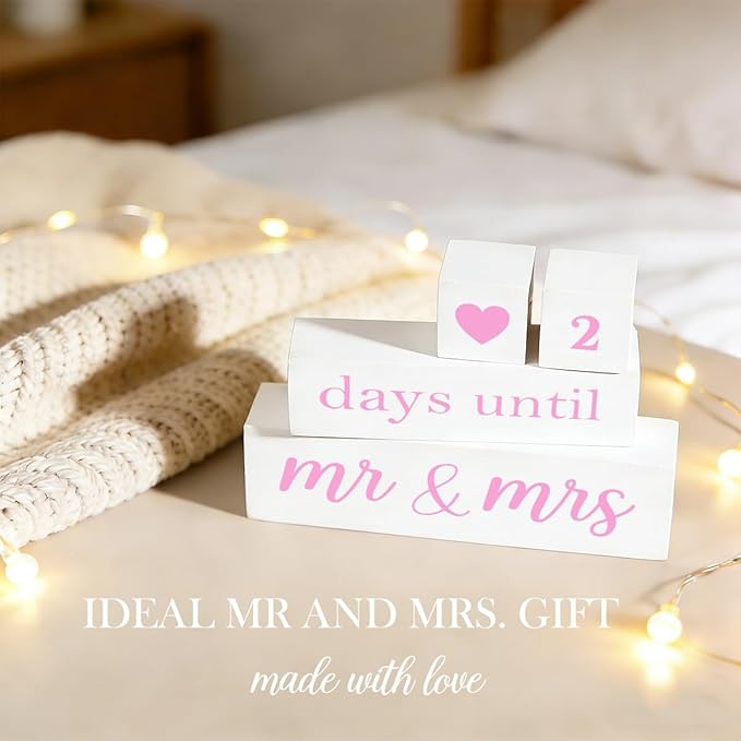 6 Pcs Wooden Engagement Gifts for Couples Wood Engagement Party Decorations Block Wedding Day Countdown Calendar Fiance Gifts for Women Future Mr Mrs Newly Engaged Couples, White