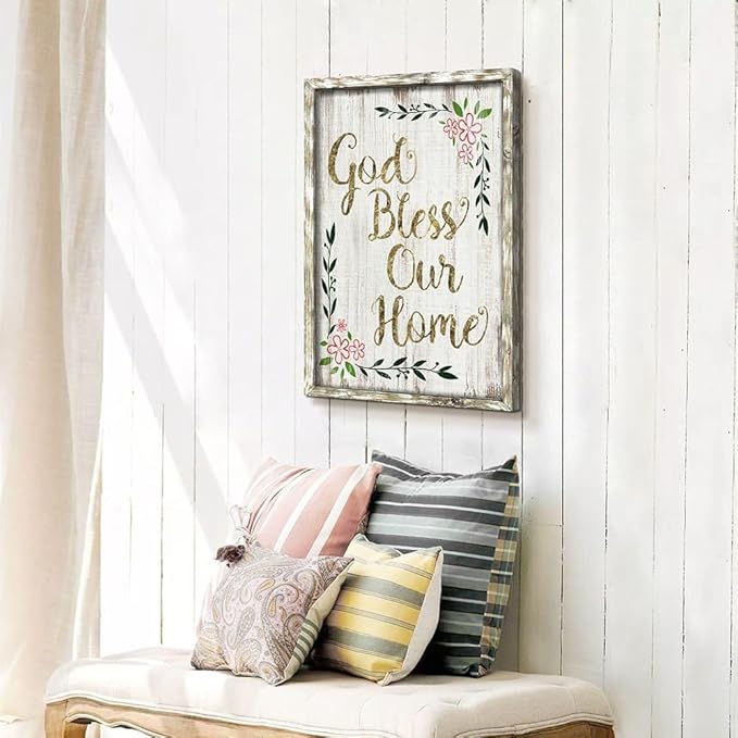 Inspirational Home Wall Art Decor: Christian Signs Wooden Framed Print Decoration Farmhouse God Bless Sayings Picture Religious Quotes Artwork for Bedroom Living Room Dining Room