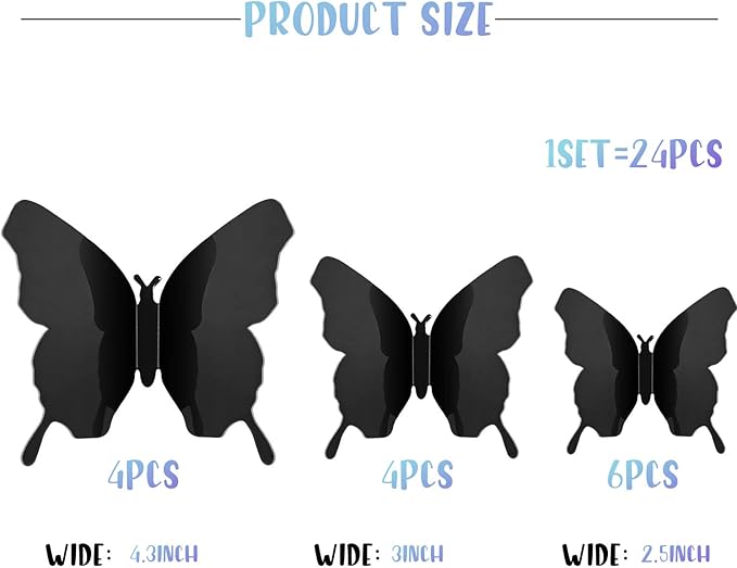 BBTO 48 Pieces Butterfly Wall Decor DIY 3D Mirror Butterfly Stickers Removable Decals Crafts for Birthday Party Bedroom School Bathroom Living Room Decor(Black)