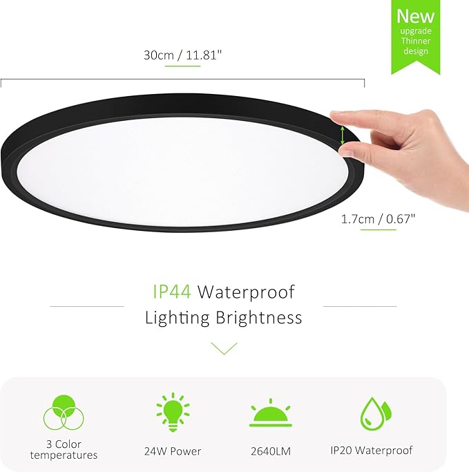 2 Pack LED Flush Mount Ceiling Light, 24W Ultra Thin Round White Lamp 3000K/4000K/6500K 3 Color Temperatures Adjusted 12 Inch Modern Ceiling Lights, Black, Wired