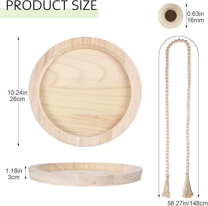5 Pcs Rustic Country Tabletop Centerpieces Decor Set of 3 Boho Ceramic Vases with Wooden Serving Tray Wood Bead Garland Tassels Table Holder for Home Decorations (Wood Color)