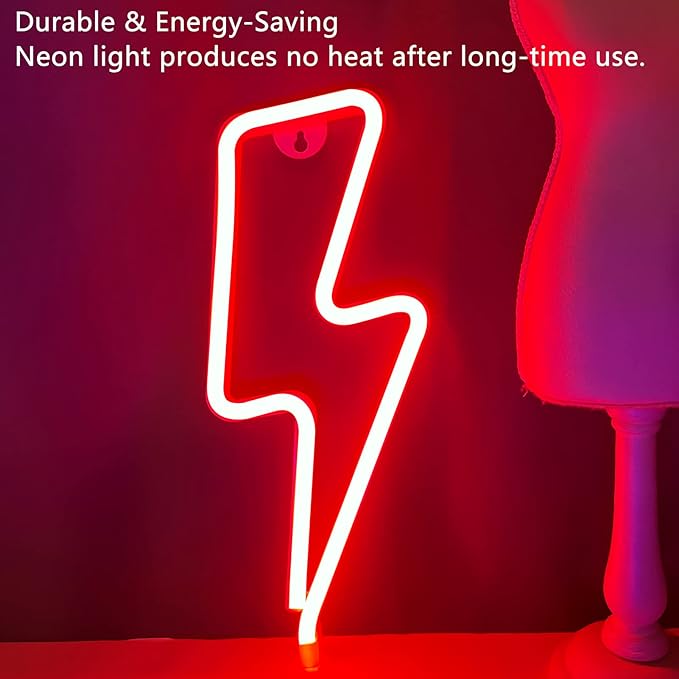 Neon Signs Lightning Bolt Neon Light Sign for Wall Decor, Battery or USB Powered Led Lightning Light Neon Sign for Bedroom, Kids Room, Birthday, Party, Wedding, Home, Kids Decorations Red