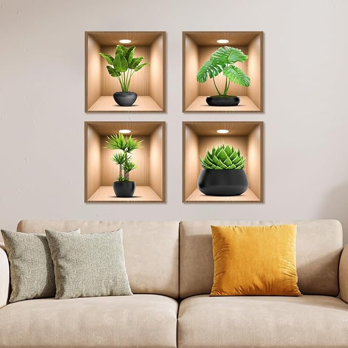 4 Pack 3D Green Plants Wall Decals, 3D Green Pot Plant Succulent Wall Stickers for Sofa Background Bedroom Living Room Kitchen