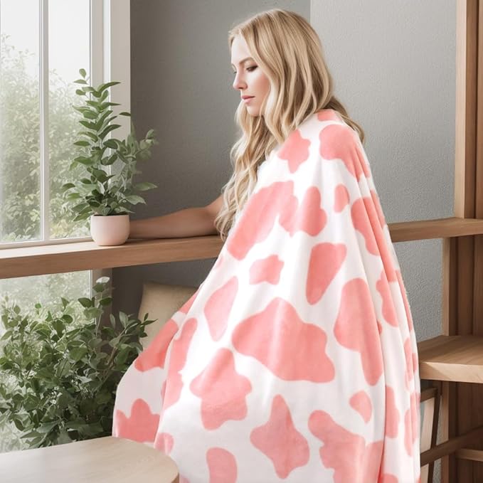 Richave Fleece Cow Print Blanket for All Season - Premium Lightweight Anti-Static Pink and Ivory King Size Blankets Plush Gift for Daughter Mom, Bedroom Decor 90" x 108"(Pink Cow)