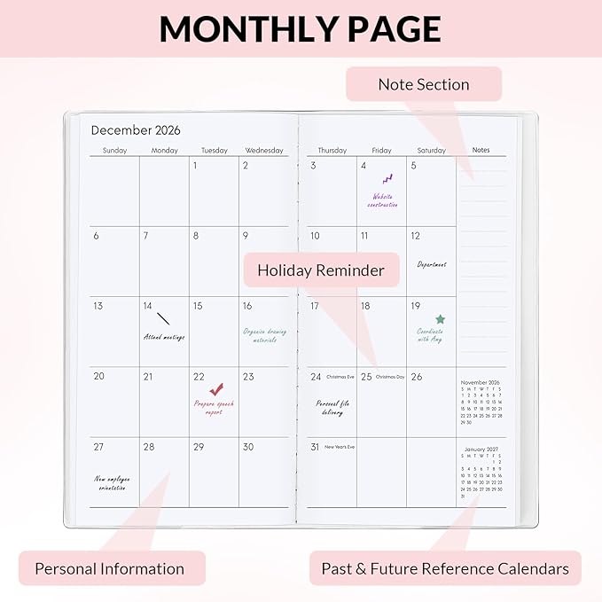 Pocket Calendar 2026-2027, Pocket Planner 2026-3.7" x 6.7" - Runs from January 2026 Until December 2027, Monthly Planner 2026-2027 with PVC Cover for Planning, Pink