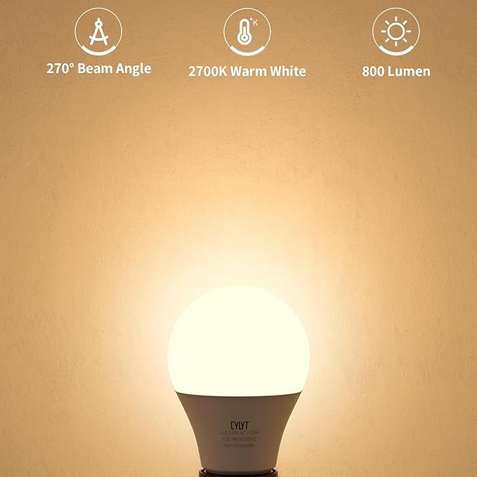 Light Bulbs 60 Watt Equivalent Solt White 2700K, E26 A19 LED Light Bulb 9W 800 Lumen, Focos LED para Casa, 120V 60HZ Lightbulbs for Indoor Outdoor, Non-Dimmable, 4-Pack