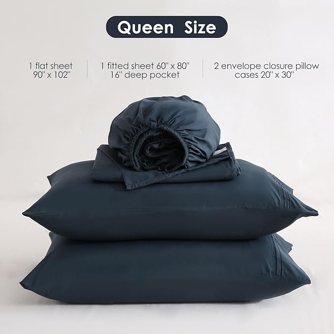 JSD Navy Blue Queen Sheet Set with Side Pocket Corner Straps, 4 Piece Soft Microfiber Bed Sheets Extra Deep Pocket