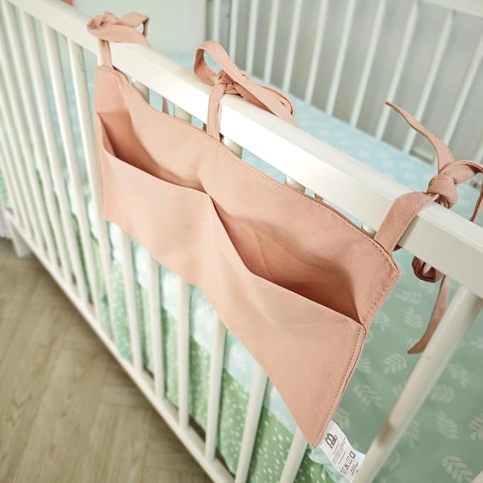 Baby Bedside Hanging Storage Bag - 2-Pocket Bedside Storage with High Capacity for Diapers & Essentials, Space-Saving Hanging Nursery Organizer 5 Colors Available (Pink)