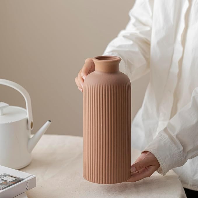 Coffee Ribbed Ceramic Vase for Flowers, Large Modern Textured Decorative Vase, 10 Inch Tall, Farmhouse Style Home Decor (Coffee)