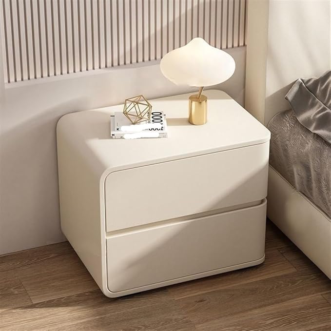 Modern and Simple Bedside Table, Solid Wood Night Stand with 2 Drawers, Cream Style Leather, Luxury Bedroom Furniture, Free Installation (Beige, Left)