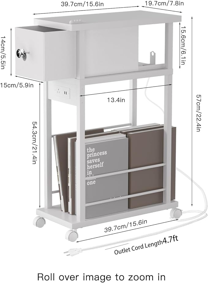 White Side Table Set of 2,Side Table with Charging Station and Drawer, Narrow End Table with USB Ports and Outlets for Small Space, Living Room, Bedroom and Office, with 4 Wheels
