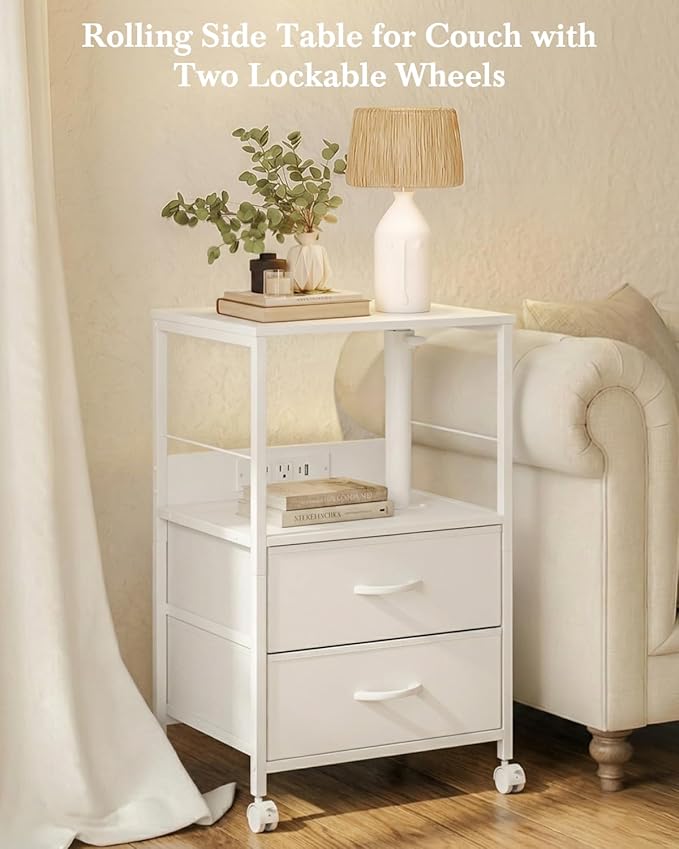 360° Swivel Nightstand with Height Adjustable, Lift Top Bedside Table with Charging Station, Rolling Night Stand with 2 Fabric Drawers, End Table with Wheels, for Bedroom, Living Room, White