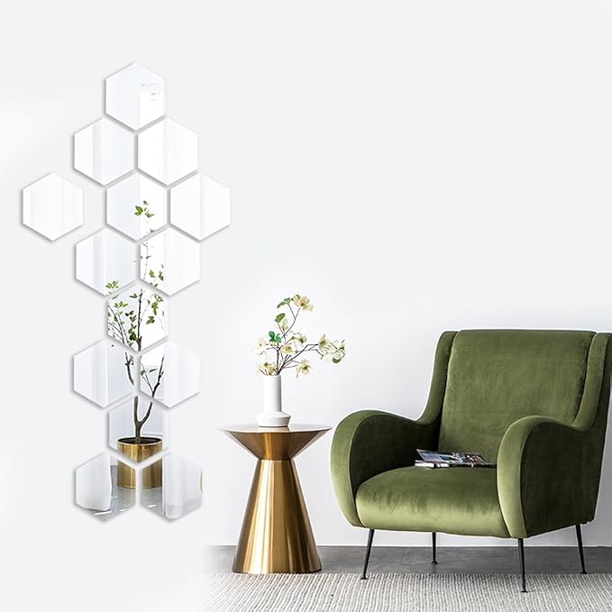 Mirror Wall Stickers - 12PCS Hexagon Art DIY Decorative Acrylic Sheet Plastic Tiles Home Living Room Bedroom Sofa TV Background Decal Decoration